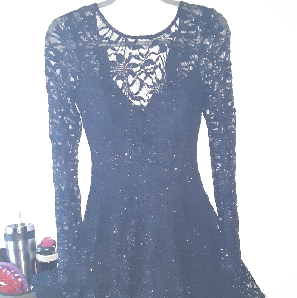 Navy Blue Sparkly floral lace formal Dress